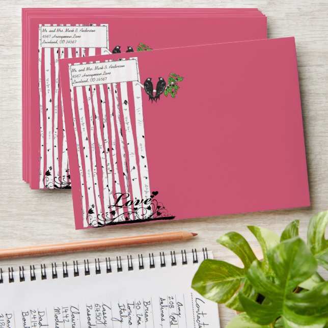 Pink Vintage Birds Love Wedding Envelopes (Stacked)