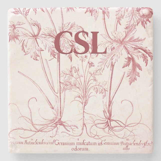 Pink Vintage Botanical Art Monogram Stone Coaster (Front)