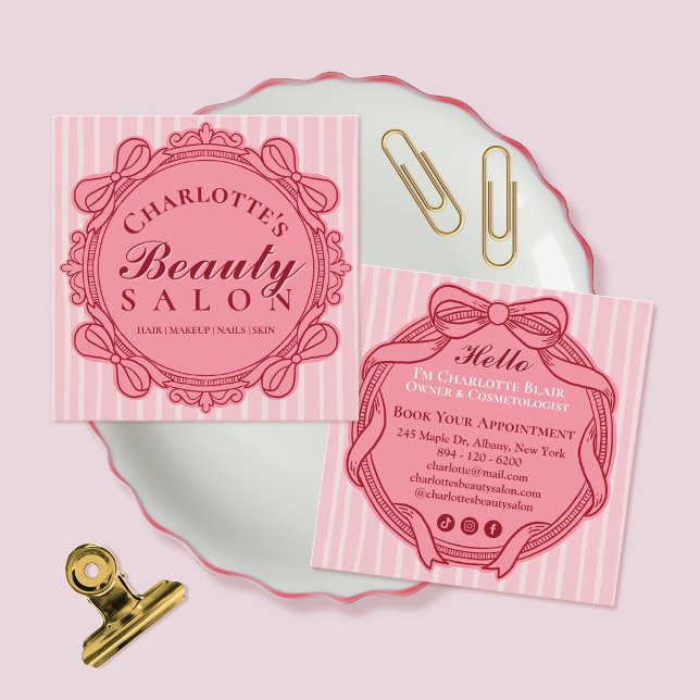 Pink Vintage Bow Frame Square Salon Business Card (Pink Vintage Bow Frame Square Salon Business Card)