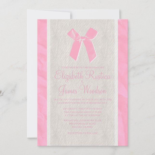 Pink Vintage Bow & Linen Wedding Invitations (Front)