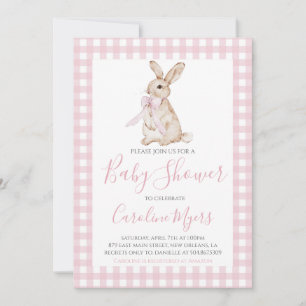 Pink Vintage Bunny Rabbit Bow Baby Girl Shower Invitation