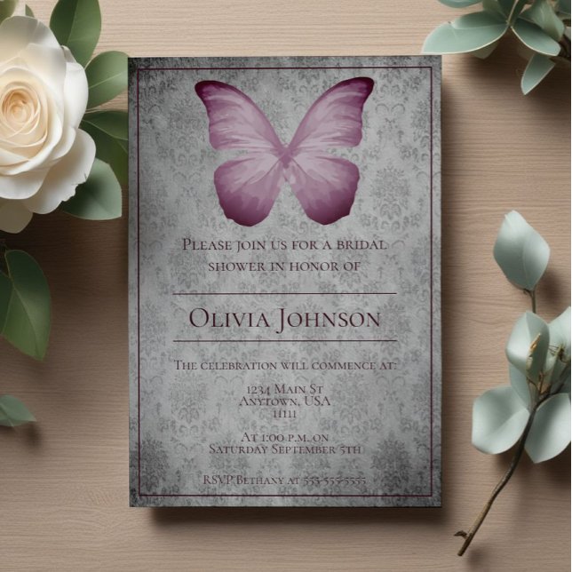 Pink Vintage Butterfly Damask Bridal Shower Invitation (Pink Vintage Butterfly Damask Bridal Shower Invitation)