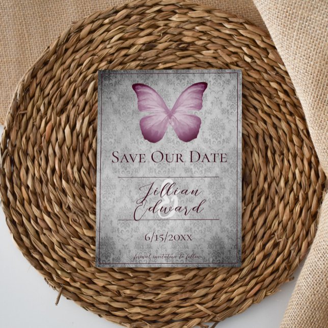 Pink Vintage Butterfly Damask Save the Date Announcement (Pink Vintage Butterfly Damask Save the Date)