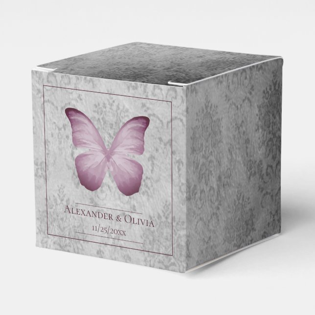 Pink Vintage Butterfly Damask Wedding Favour Box (Front Side)