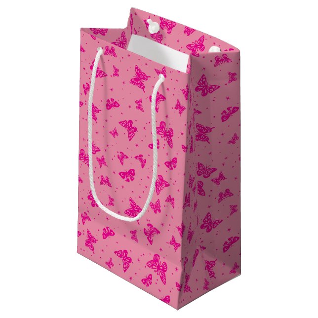 Pink vintage butterfly motif pattern small gift bag (Front Angled)