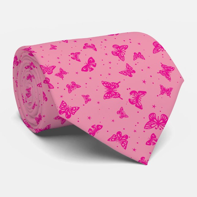 Pink vintage butterfly motif pattern tie (Rolled)
