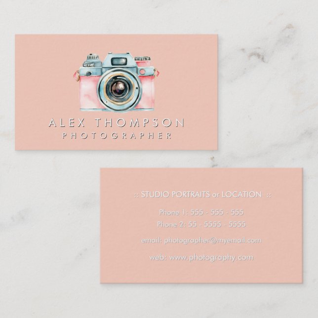 Pink Vintage Camera Photographer Studio Business Card (Front/Back)