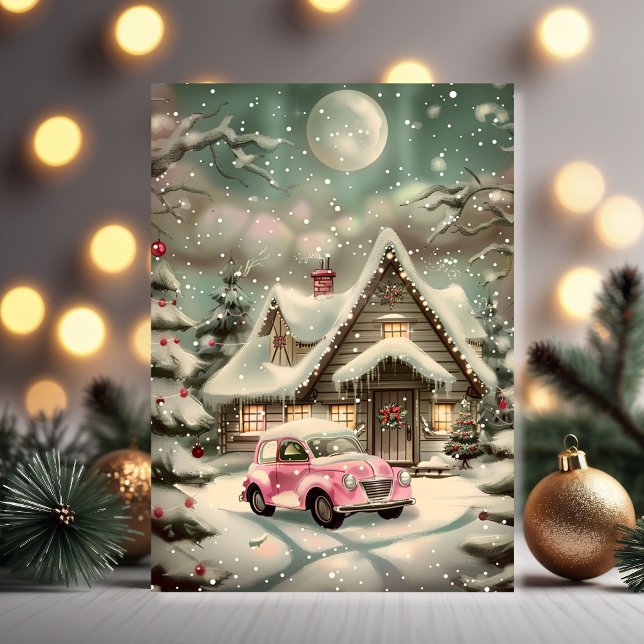 Pink Vintage Car Winter Wonderland Card (Holiday joy in a winter wonderland with a full moon and cozy cottage glow)