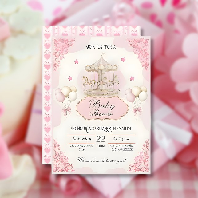 Pink Vintage Carousel- Baby Shower Invitation (pink-pony-carousel-vintage-girl-baby-shower-invitation)