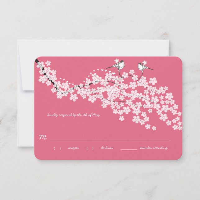 Pink Vintage Cherry Blossom Chickadee Wedding RSVP (Front)