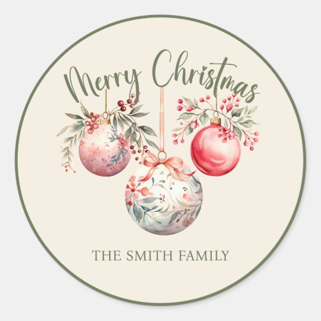 PINK VINTAGE CHRISTMAS ORNAMENT CLASSIC ROUND STICKER (Front)