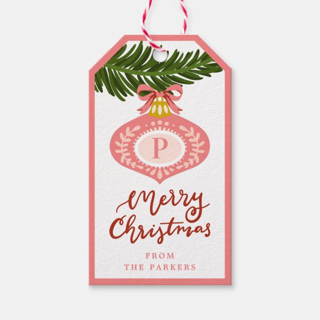 Pink Vintage Christmas Ornament Gift Tag (Front)