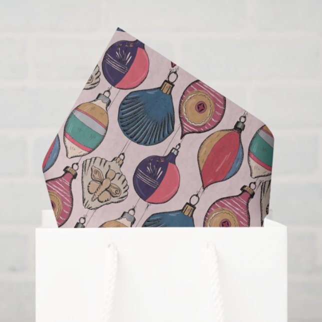 Pink Vintage Christmas Ornaments Pattern Tissue Paper (Gift Bag)
