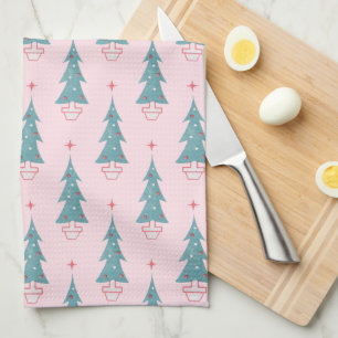 Pink Vintage Christmas Tree Christmas Pattern Tea Towel