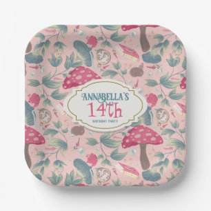 Pink Vintage Cottagecore Mushroom Birthday Paper Plate