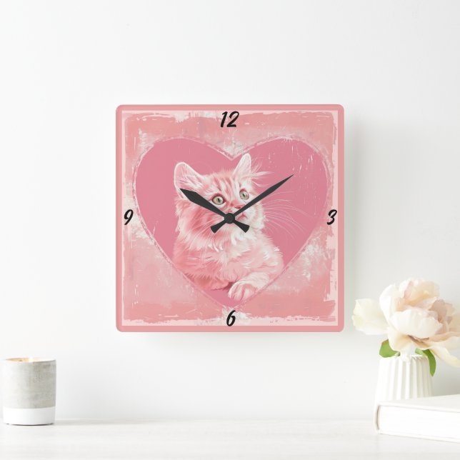 Pink Vintage Cute Kitten Heart Square Wall Clock (Home)