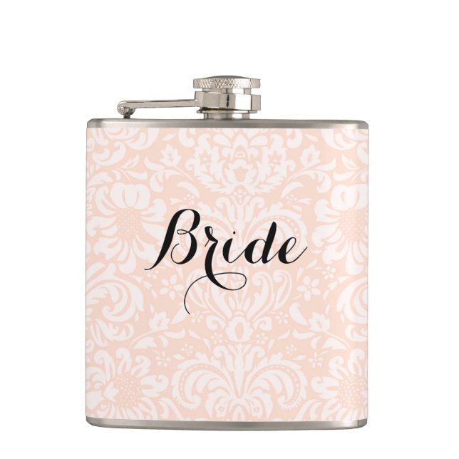 Pink Vintage Damask Bride Flask (Front)