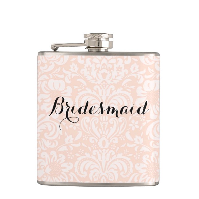 Pink Vintage Damask Bridesmaid Flask (Front)