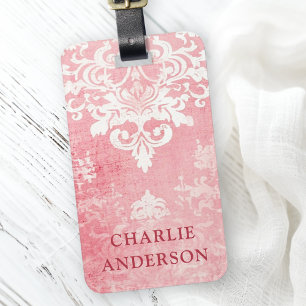 Pink vintage damask floral custom name luggage tag