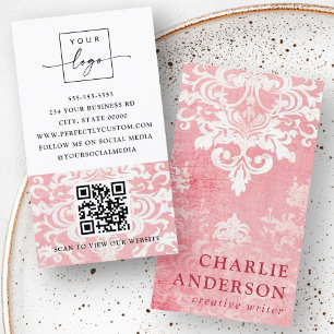 Pink vintage damask floral logo QR code Business Card