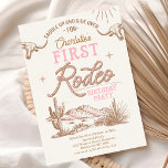 Pink Vintage Desert First Rodeo 1st Birthday  Invitation<br><div class="desc">Pink Vintage Desert First Rodeo 1st Birthday Invitation

Pink and brown girl's vintage style first rodeo birthday invitation with a desert landscape with cactus,  longhorn cows,  sun and a rope like text heading.  This girl's first rodeo birthday invitation is ideal for a wild west themed first birthday party.</div>