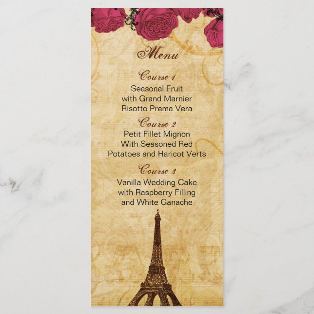 Pink vintage eiffel tower Paris wedding menu cards (Front)