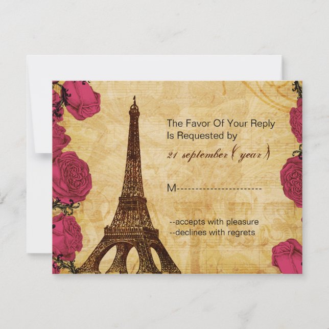 Pink vintage eiffel tower Paris wedding rsvp (Front)