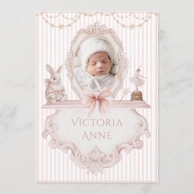 Pink Vintage Elegant Baby Girl Birth Announcement (Front)