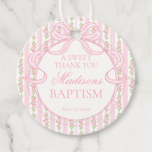 Pink Vintage Fancy Floral Baptism Circle Favour Tags