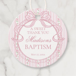 Pink Vintage Fancy Floral Baptism Circle Favour Tags