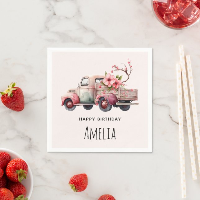 Pink Vintage Farmer's Truck Birthday Napkin (Insitu)