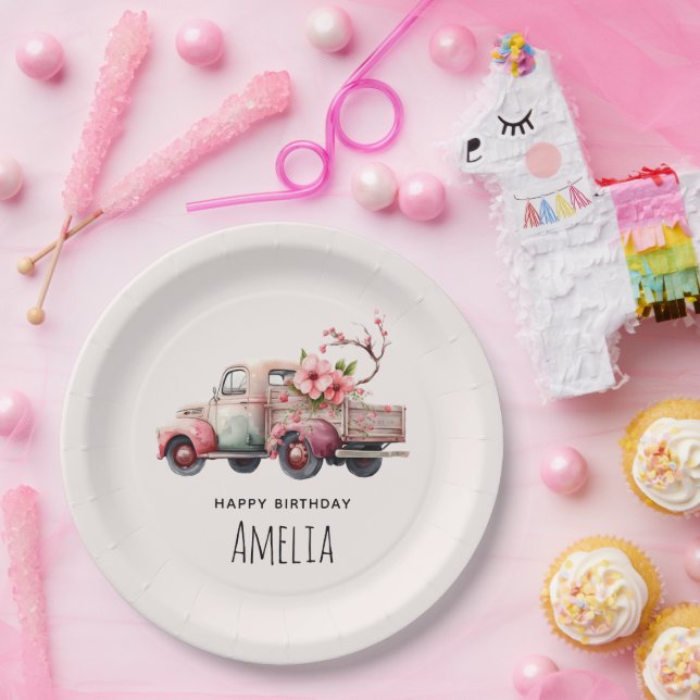 Pink Vintage Farmer's Truck Birthday Paper Plate (Party)