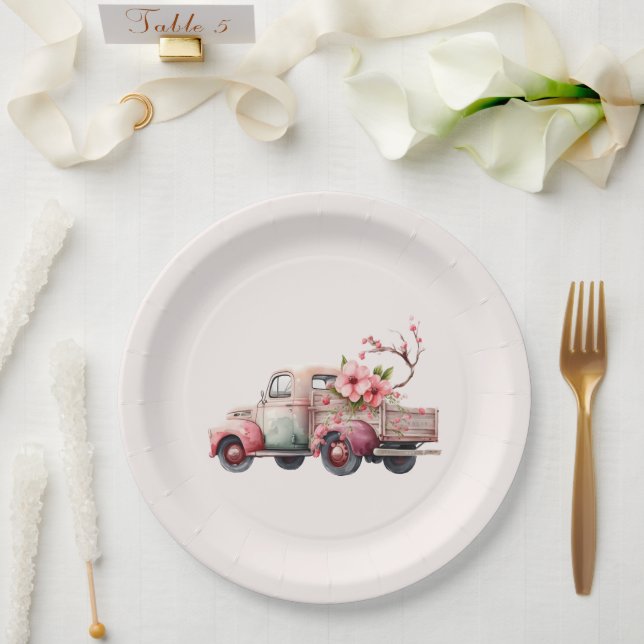 Pink Vintage Farmer's Truck Paper Plate (Wedding)