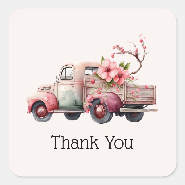 Pink Vintage Farmer's Truck Thank You Square Sticker (Front)