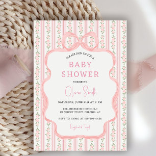 Pink Vintage Floral Bow Girl Baby Shower Invitation
