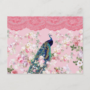 Pink vintage floral elegant lace colourful peacock postcard