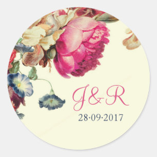 Pink Vintage Floral Monogram Wedding Sticker