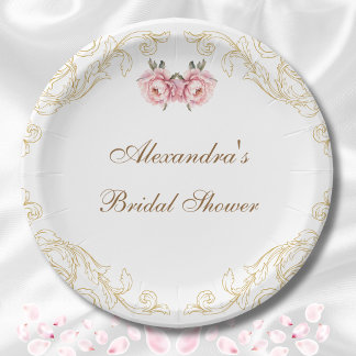 Pink Vintage Floral Peony Bridal Shower Paper Plate