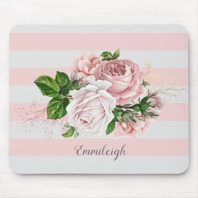 Pink Vintage Floral Striped Mouse Pad (Front)