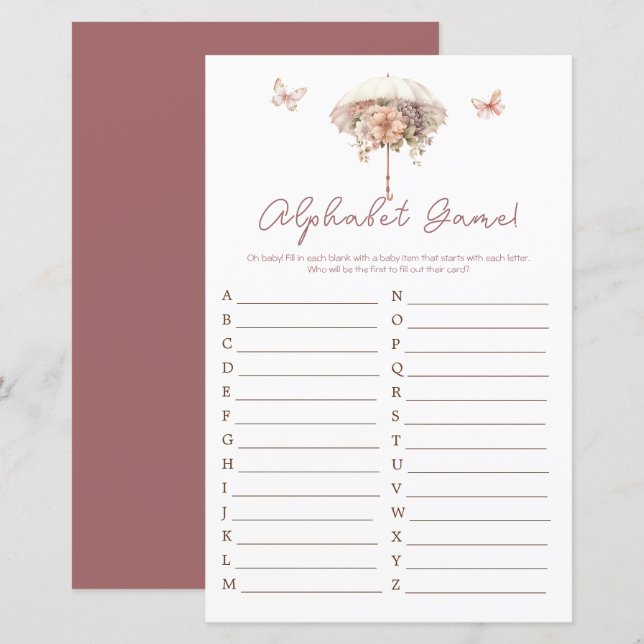 Pink Vintage Floral Umbrella Baby Shower Alphabet (Front/Back)