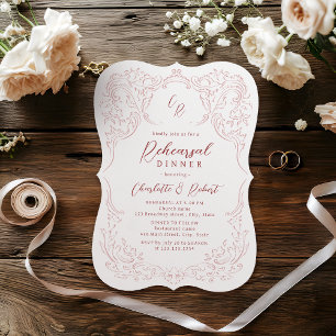 Pink Vintage Flourish Monogram Rehearsal Dinner Invitation