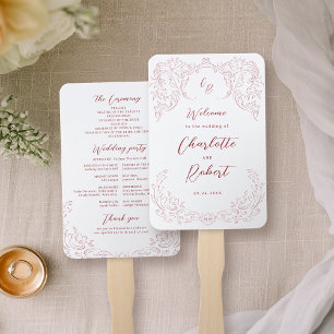 Pink Vintage Flourish Monogram Wedding Program Hand Fan