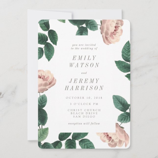 Pink Vintage Flower Frame Wedding Invitation (Front)