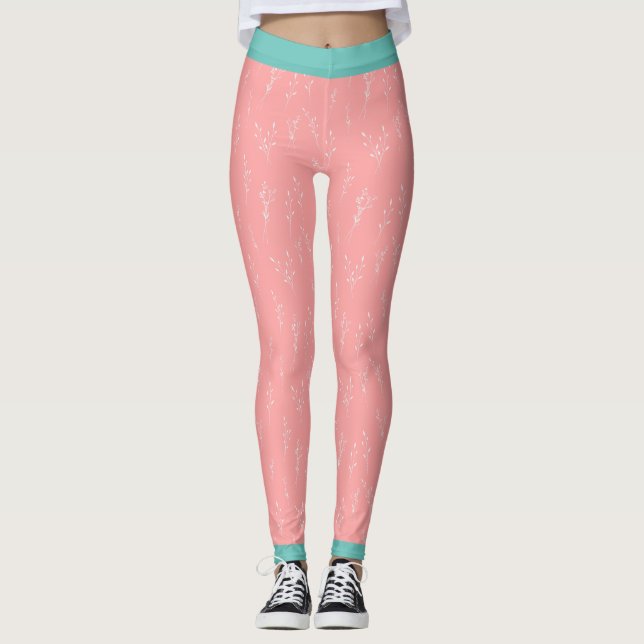 Pink Vintage Flowers Fitness Workout Leggings (Front)