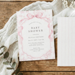 Pink Vintage French Floral Bow Baby Shower Invitation