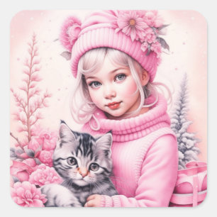 Pink Vintage Girl and Kitten Christmas Square Sticker