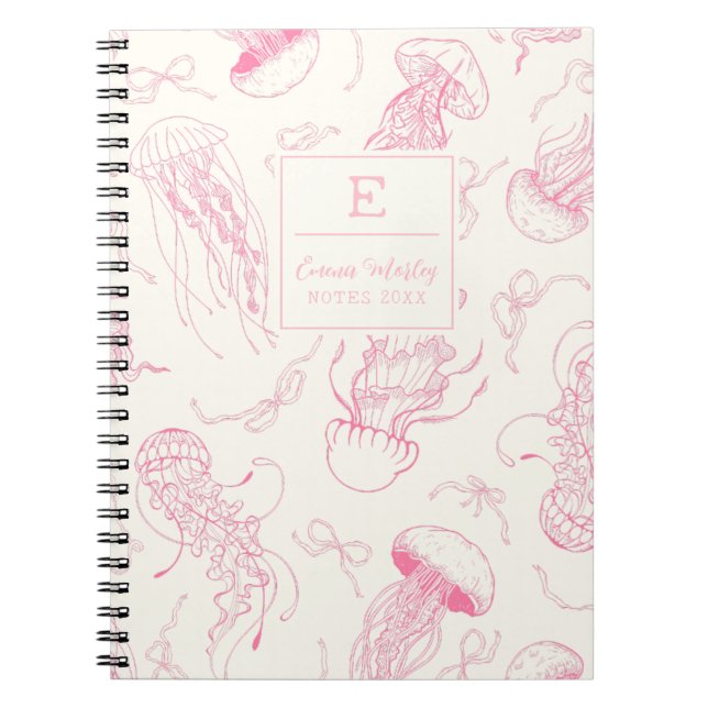 Pink Vintage Jellyfish Ocean bow Monogrammed girly Notebook (Front)