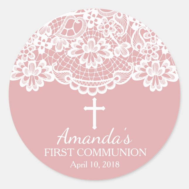 Pink Vintage Lace First Holy Communion Sticker (Front)