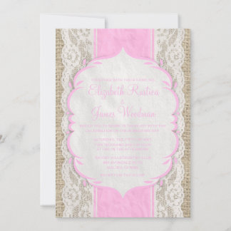 Pink Vintage Linen Burlap Lace Wedding Invitations