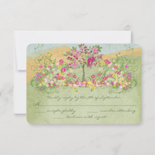 Pink Vintage Love Bird Flower Swirl Wedding RSVP Card